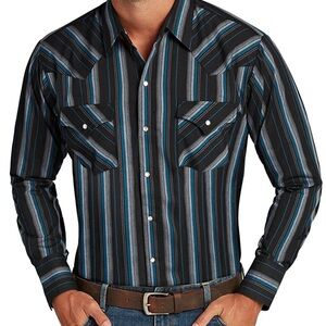 Ely Cattleman Black and Blue Striped Button Down Shirt L